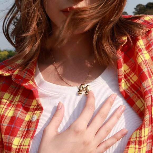 Gold Bubble Letter Necklace for Women Initial Trendy Pendant Necklaces Jewelry,1 - Picture 5 of 8